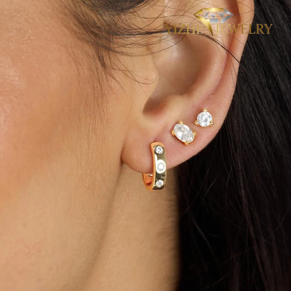 Simple Shiny Single Stone CZ Zircon Stud Earring Geometric Heart Round Square Oval CZ Women Men Multi Piercing Jewelry