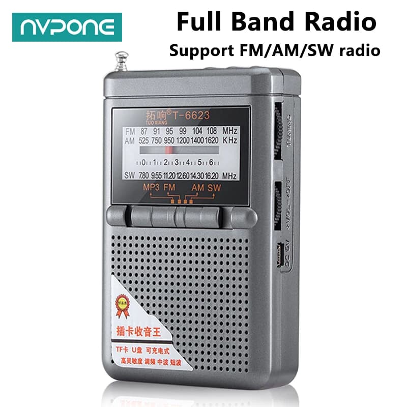 Radio a banda intera FM AM SW Mini radio a banda mondiale con display a LED Supporto con fibbia Scheda TF Jack per cuffie Ricevitore radio universale