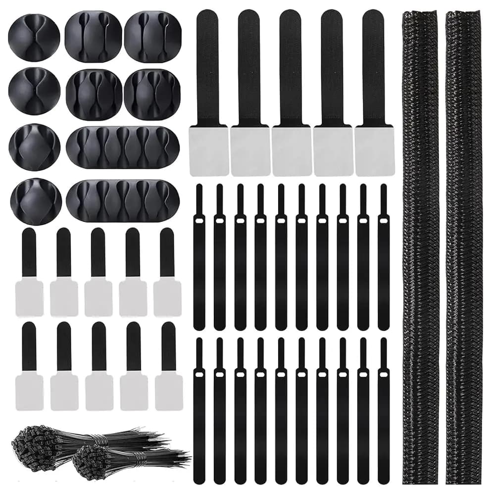 Kit Gestione Cavi 137 Pezzi: 4 Guaine per Cavi, 100 Fascette Stringicavo, 10 Clip per Cavi, 15 Fascette Adesive da Parete, 10 Fascette Zip per Cavi