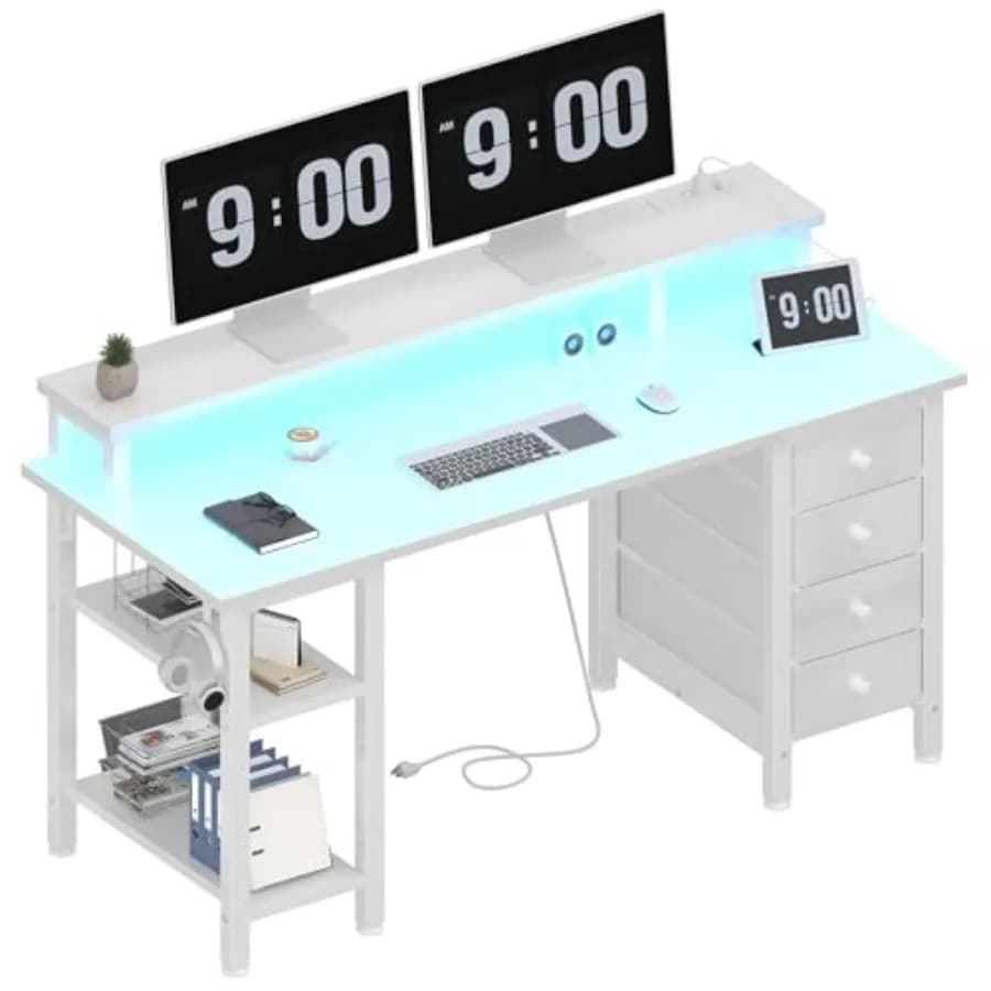White Desk with Cassetti - 120 cm, Office and Gaming Desk with Monitor Support, LED Lights and Current Takes