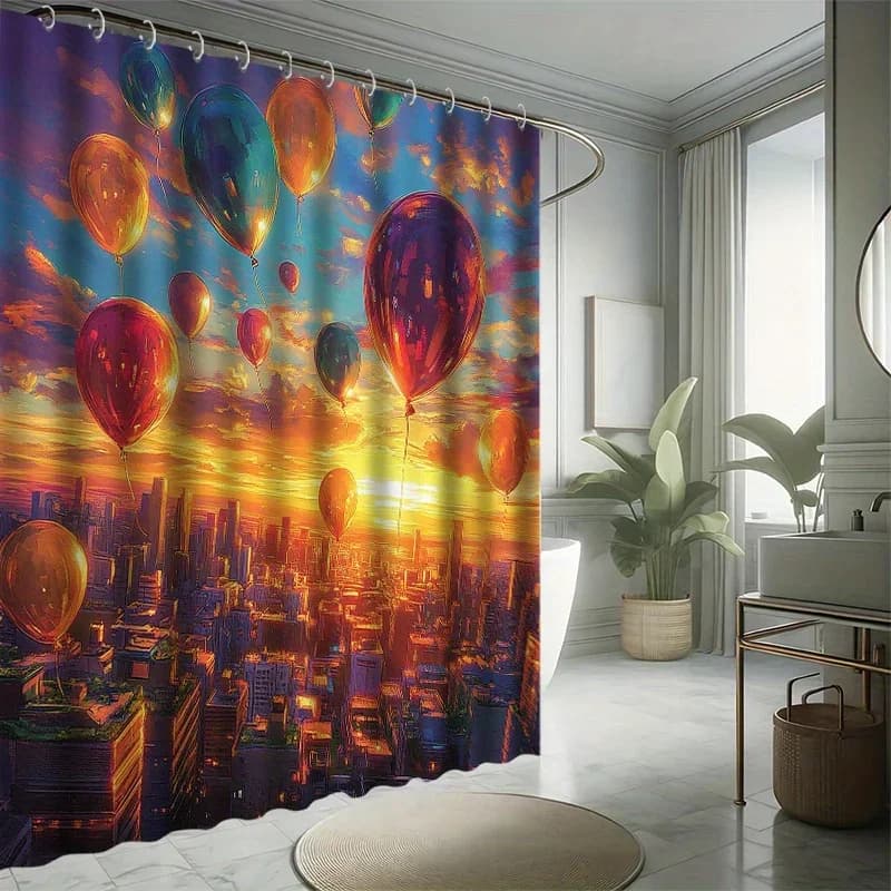 ~O~Sunset Set di tende da doccia con mongolfiera, sfondo cittadino, 12 ganci, poliestere, divisorio per vasca, arredamento moderno per il bagno