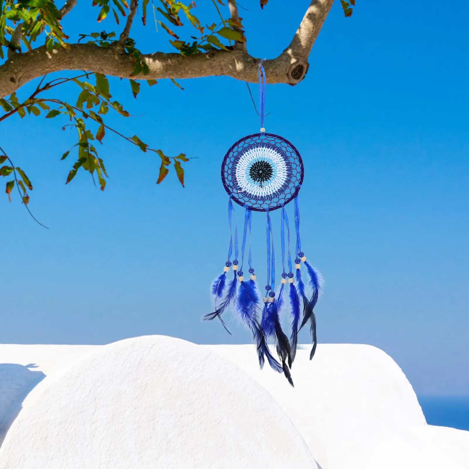 Blue Evil Eye Dream Catcher Handmade Macrame Wall Hanging Ornament with Feather and Charm Lucky Home Decor Wall Art Protection