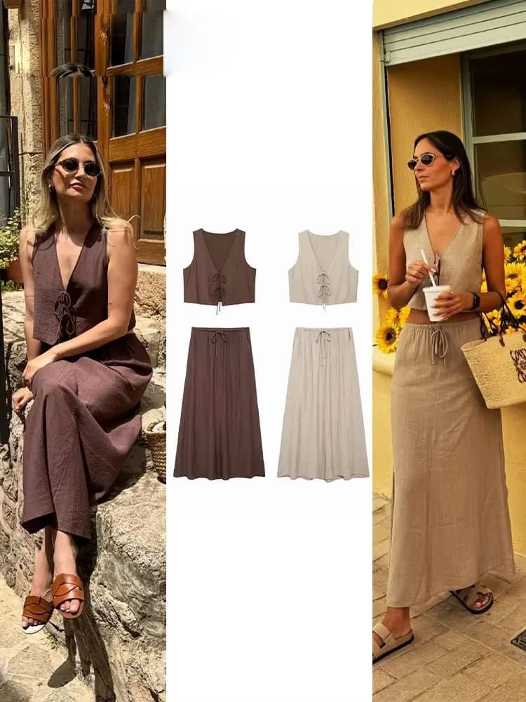 2024 Summer Women Skirts Set Sleeveless V-Neck Lace Up Slim Vest+ Pleated Casual Loose Long Skirt Elegant Beach Holiday