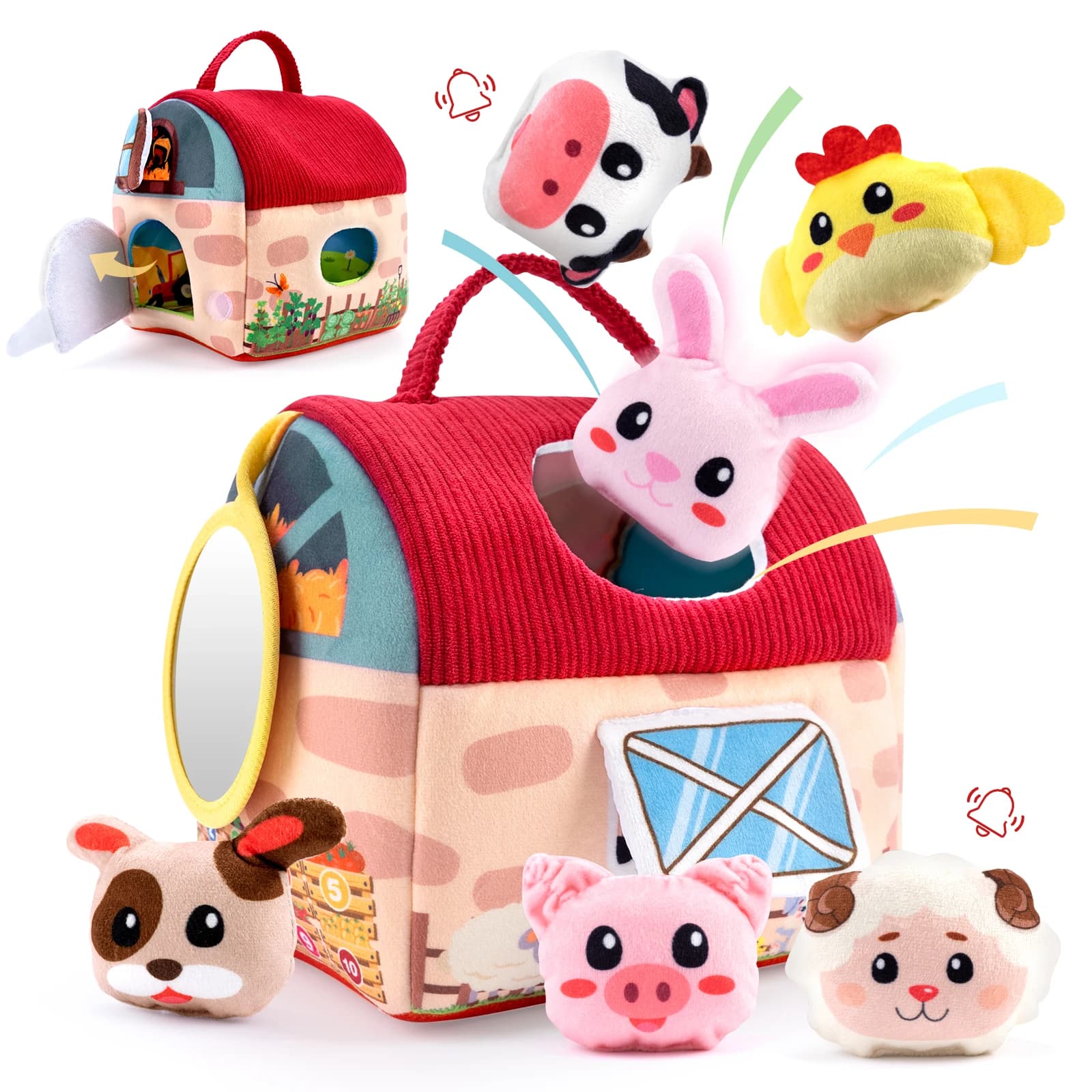 Tema fienile agricolo Montessori per giocattoli per bambini con sonaglio per animali di peluche da 6 pezzi, sensoriale per regalo giocattolo per lo sviluppo dei più piccoli