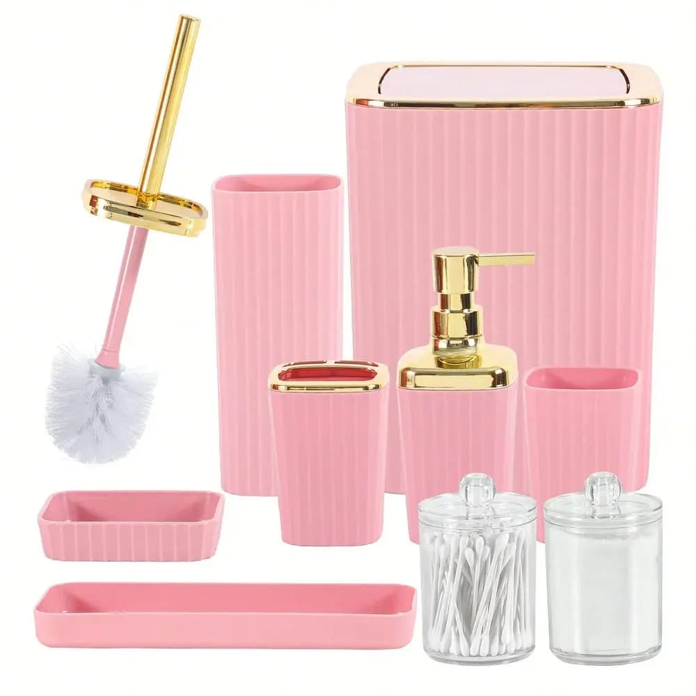 Set di Accessori per il Bagno, 9 Pezzi Rosa, Completo di Portaspazzolino, Cestino, Dispenser per Lozione