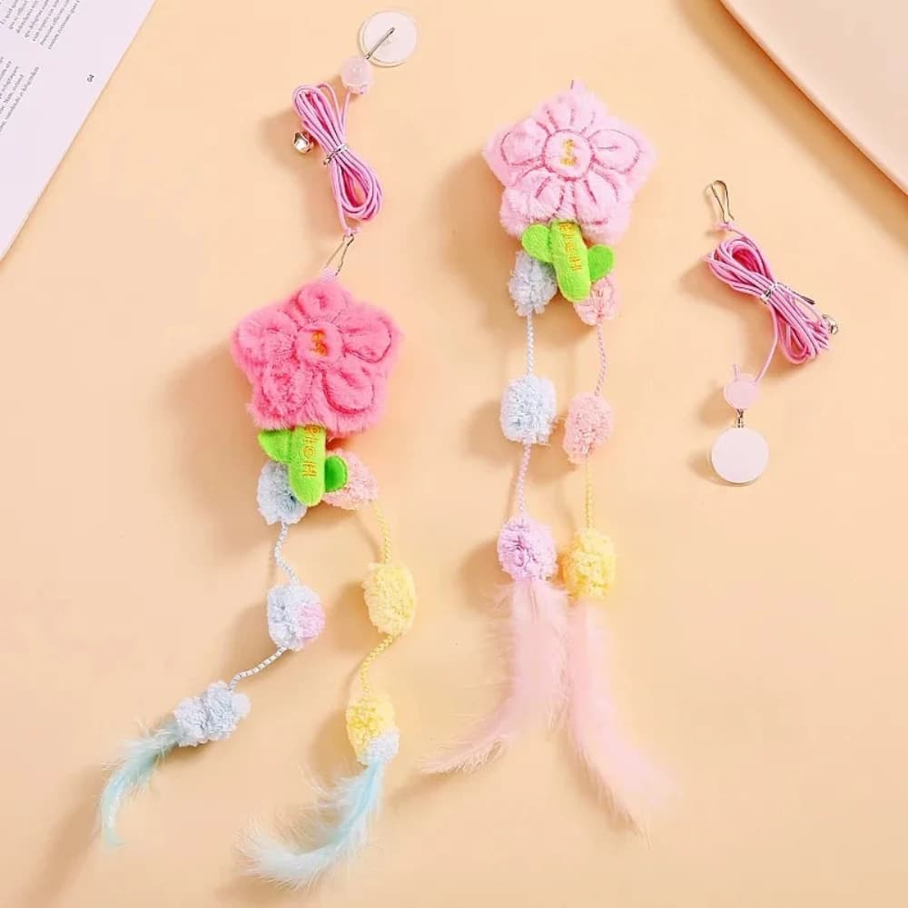 Toy for Cats with Elastic Corda and Feather, Interactive Stick with Bell and Flowers in Plush for Cats Jumpers