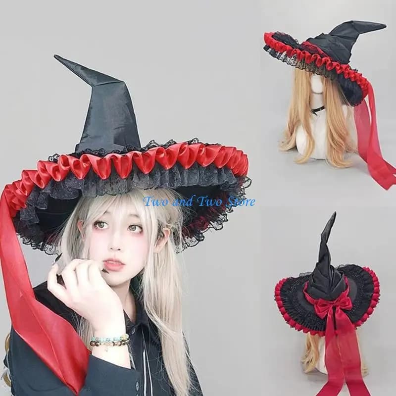 HX6F Halloween Lace Witch Hat Easy To Fold For Cosplay And Daily Outfits