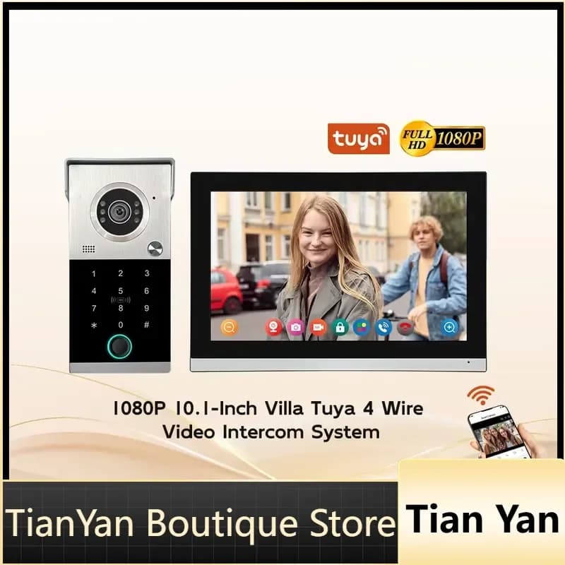 EE1 1080P AHD 2MP 10.1 Inch 4-Wire WiFi Smart Home IP65 Waterproof Video Doorbell Intercom System for 4 Unit Door Phone