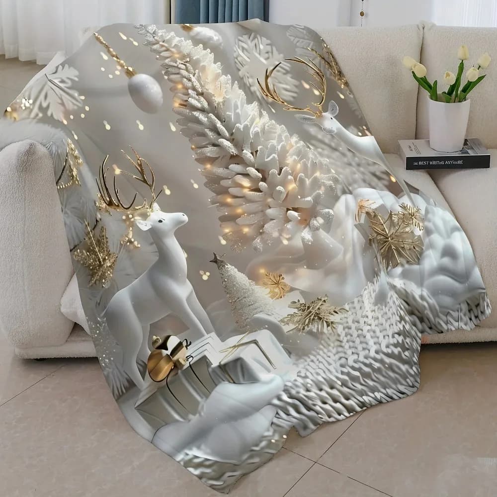 [Manta natalizia di lusso] Coperta morbida natalizia di lusso in flanella - Coperta invernale con accenti bianchi e dorati, divano in peluche, letto