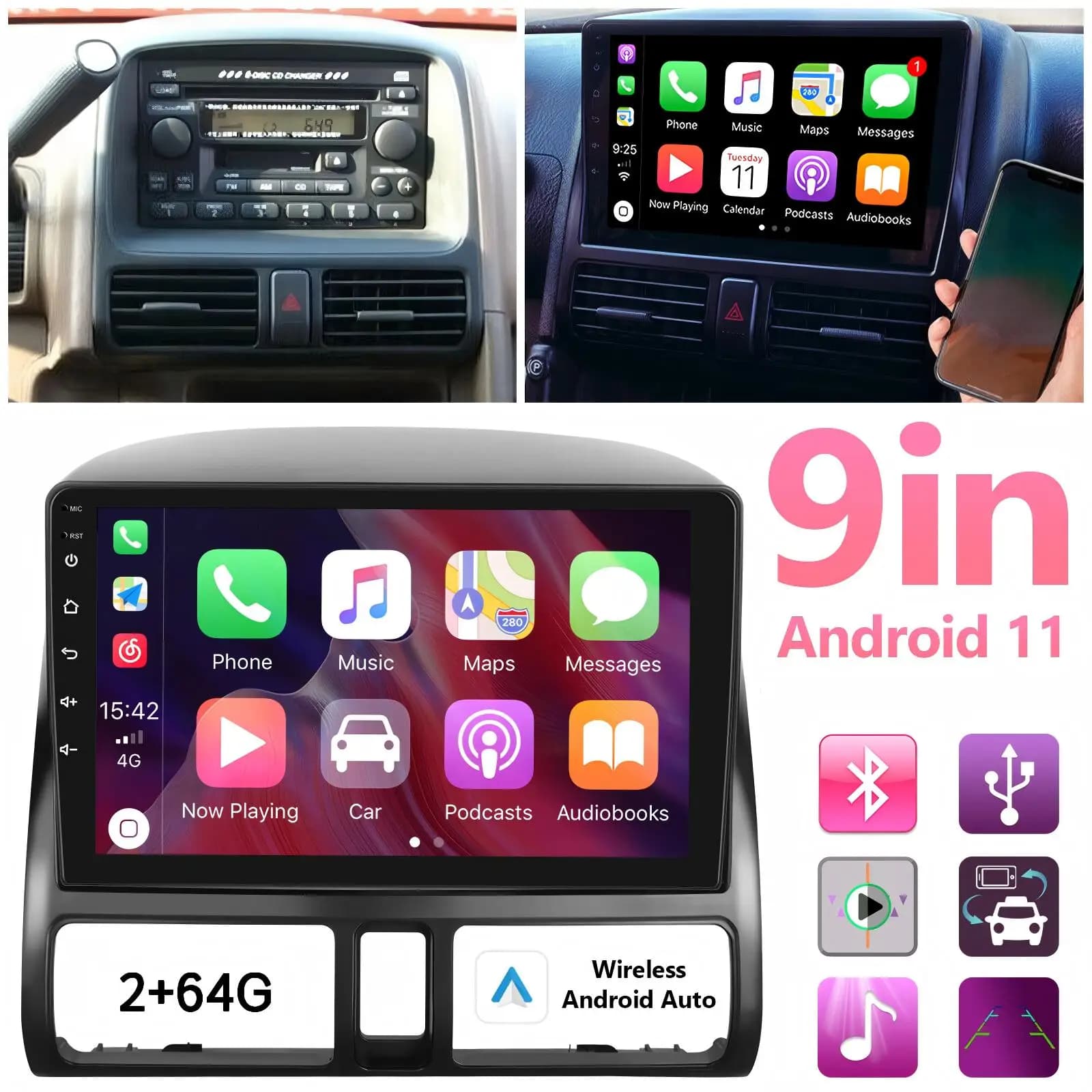 2+64G 9In Car Radio Stereo Android 13 For Honda CRV 2001-2006 For Carplay Android Auto FM Radio SWC GPS Navigation Head Unit