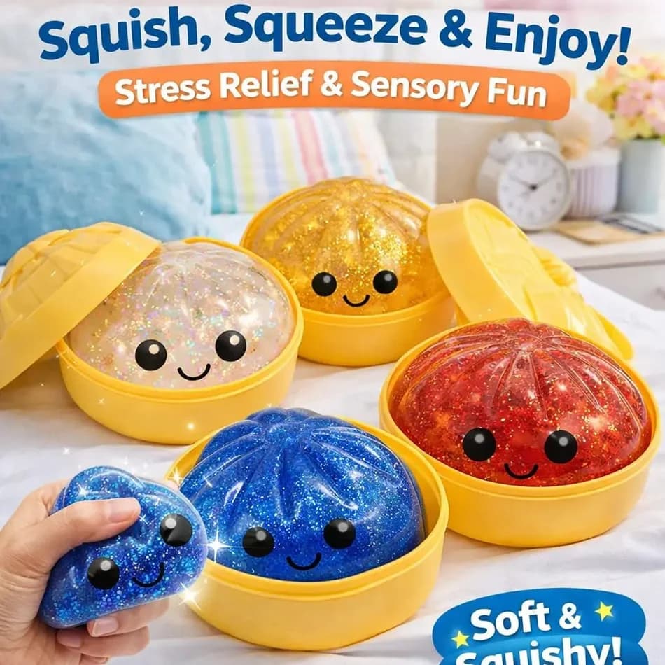 Giocattolo Squishy a Forma di Raviolo con Glitter in 4 Stili, Morbido Antistress, Giocattolo da Spremere per Decompressione per Bambini e Adulti