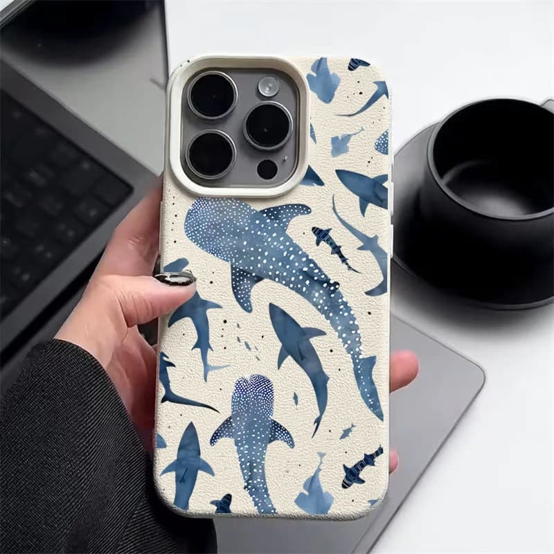 Phone case with shark pattern and ocean whale for iPhone 17 Air 16 15 Pro 14 13 12 Pro Max 16 17 Pro 17e 16e 11, TPU cover with leather texture
