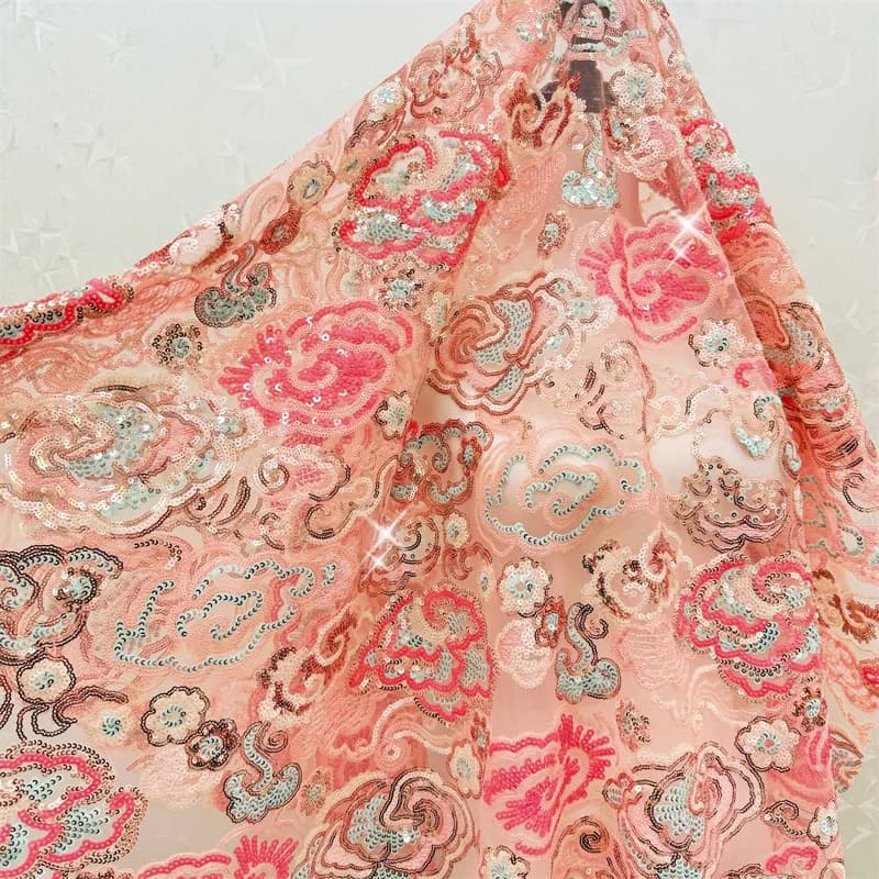 2 Yds/lot 130cm Wide Pink Purple Floral Embroidery Sequin Lace Fabric Mesh Bridal Wedding Dress Gown Embroidered Material F088