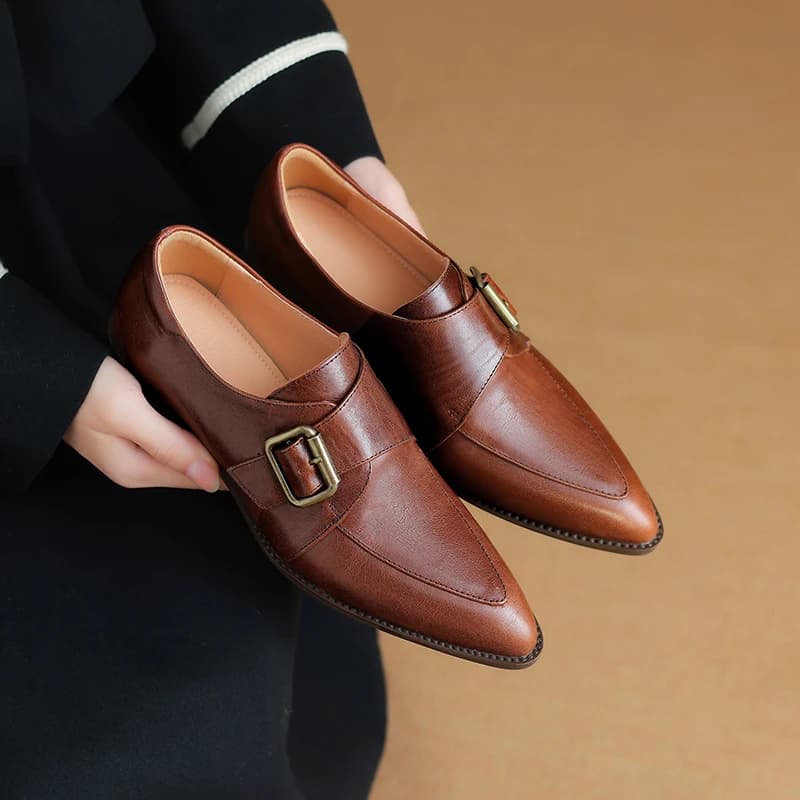 2026 new spring autumn women pumps natural leather plus size 22-26.5cm cowhide+pigskin pointed toe buckle loafers women shoes
