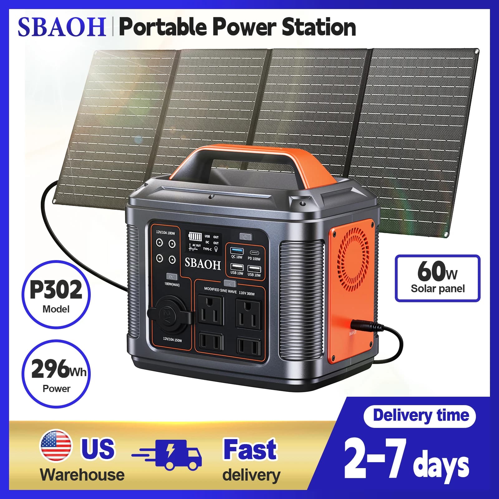 300W Portable Power Station, Solar Camping Generator 296Wh 80000mAh, Lithium Battery for Emergency, Black (with Solar Panel)