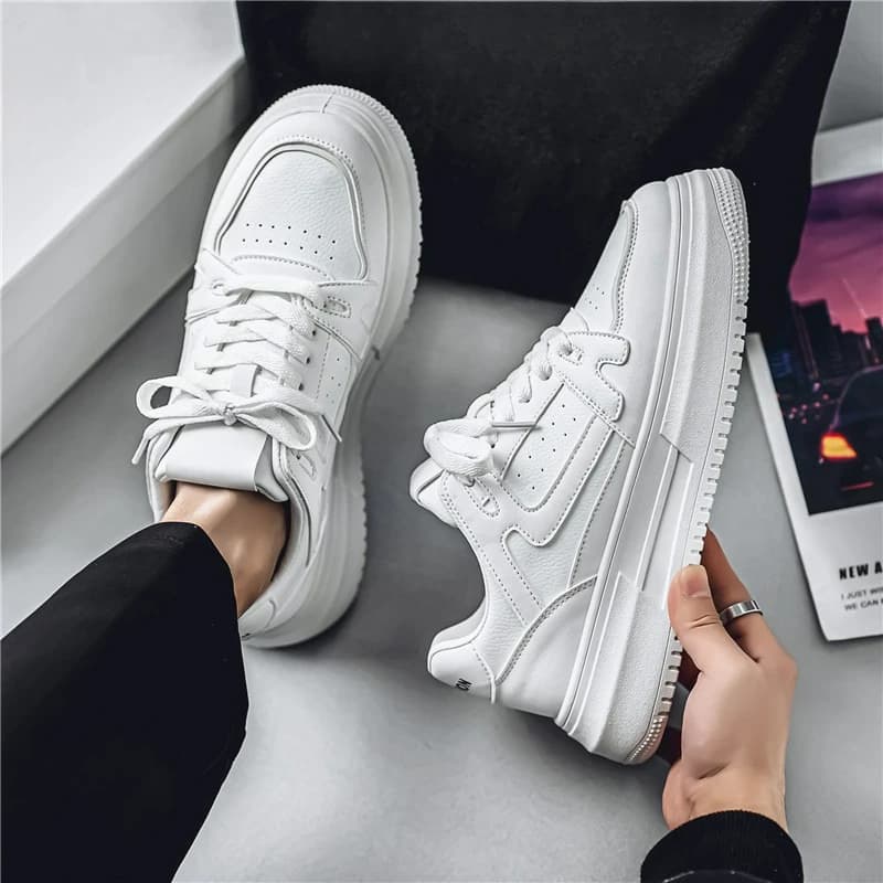 Sneakers da Uomo in Pelle, Scarpe Casual di Lusso, Comode Scarpe da Corsa con Piattaforma, Scarpe da Tennis Maschili per Esterno, Allacciatura Bianca