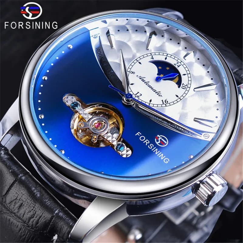 2023 Forsining mechanical men's watches Tourbillon sports watch fly multifunction Moon Display leather wristwatch