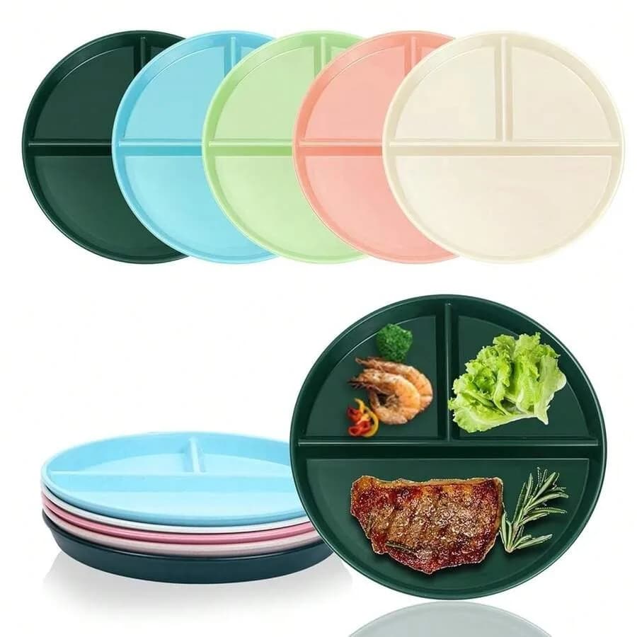 DONGYONGBAO Portion Control Plate For Weight Loss 9Inch 5PS, Reusable Wheat Straw Round Plastic Divided Dinner Plates, Microwav