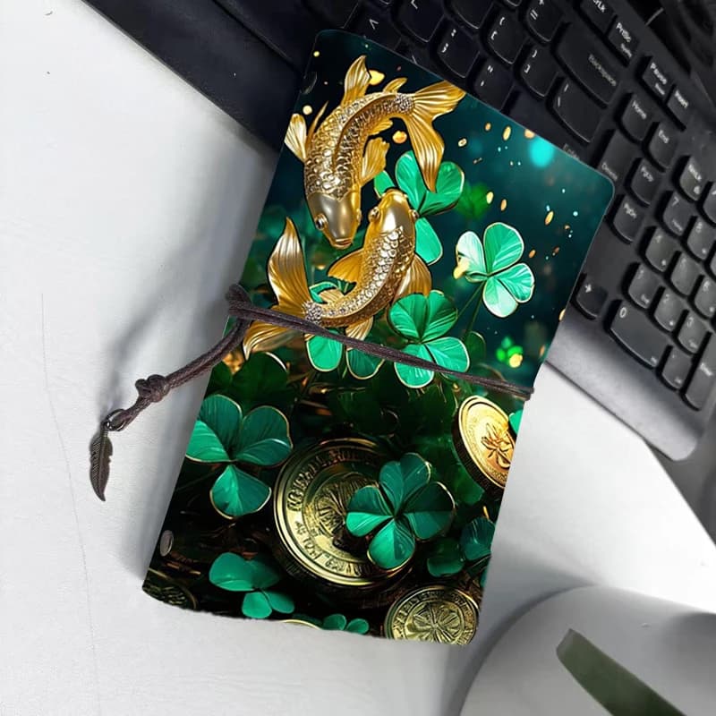 Feng Shui Lucky Koi & Gold Coin PU Notebook - Four-leaf Clover Print Journal, Feather Pendant Tie Closure for Wealth & Blessings