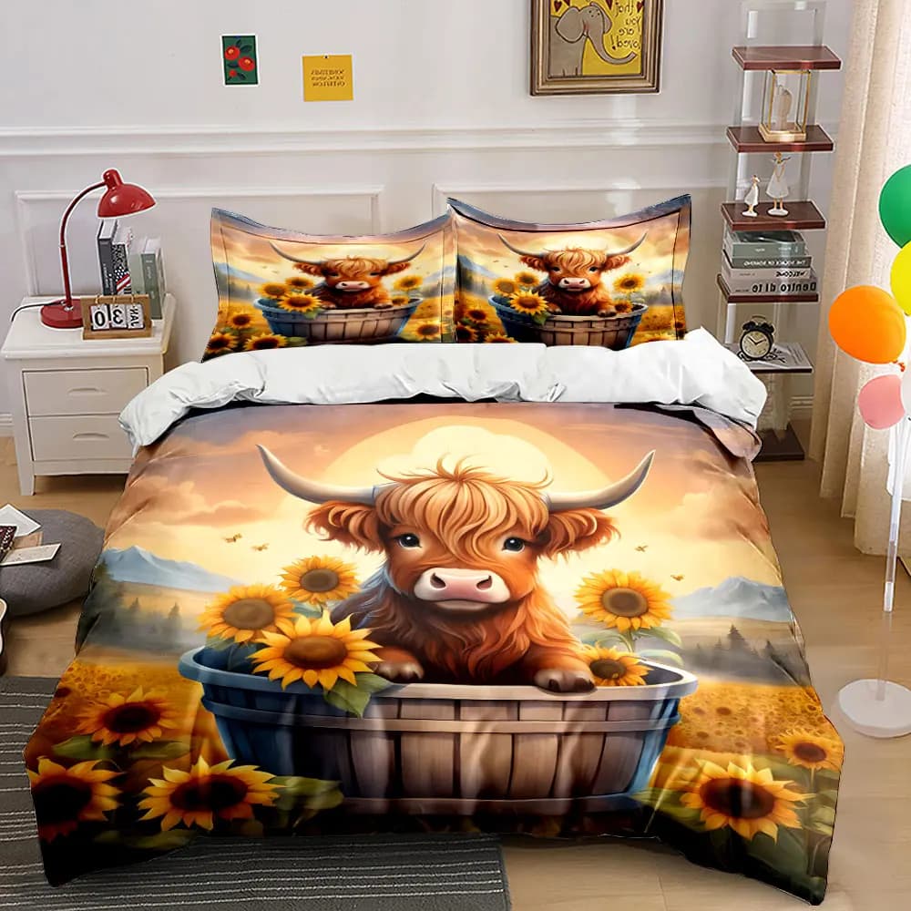 Set copripiumino stampato con mucca pelosa e campo di girasoli, 1 copripiumino + 2 federe, decorazione per camera da letto in diverse misure