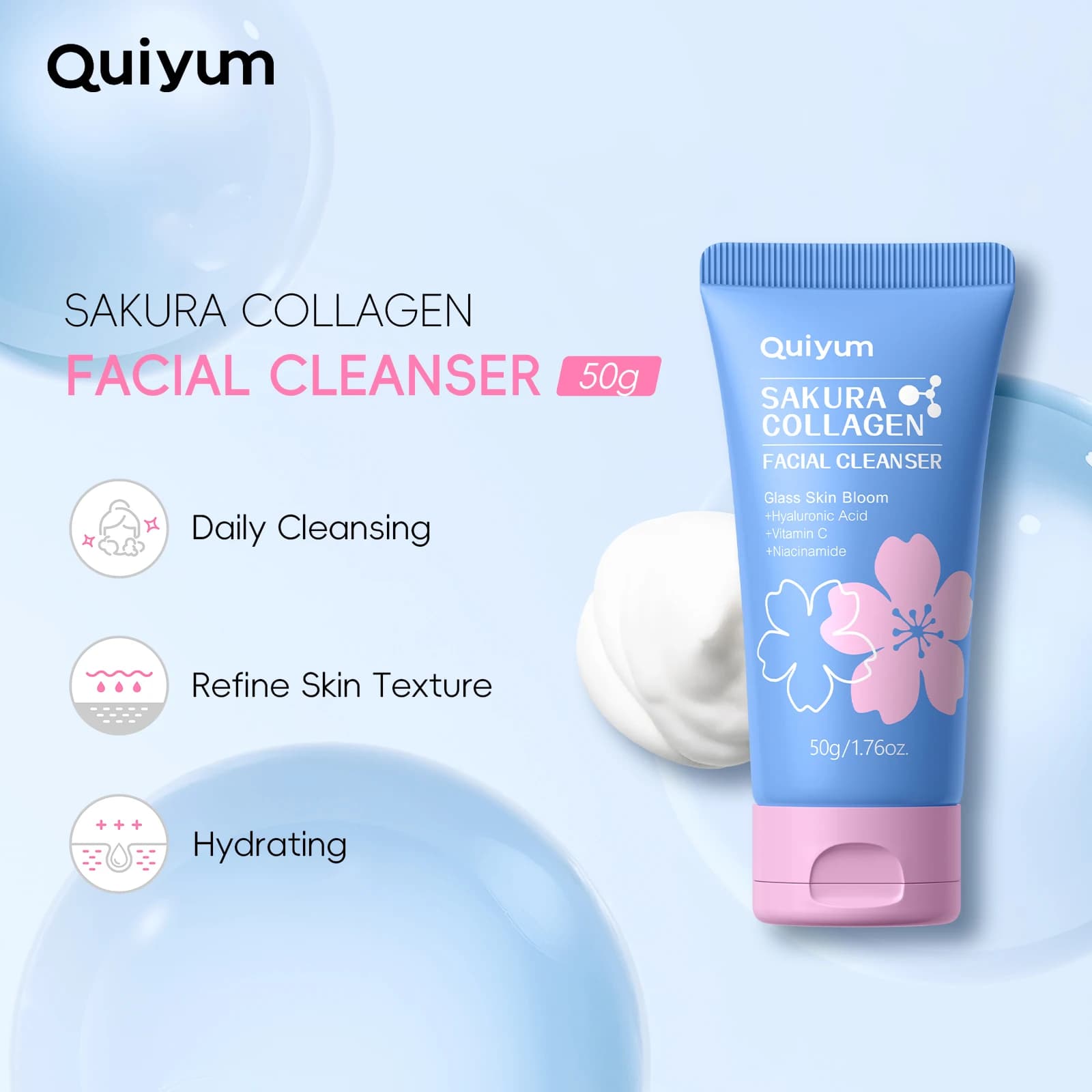 Detergente Viso al Collagene Sakura Quiyum 50g, Pulizia Quotidiana, Affina la Texture della Pelle con Acido Ialuronico e Vitamina C