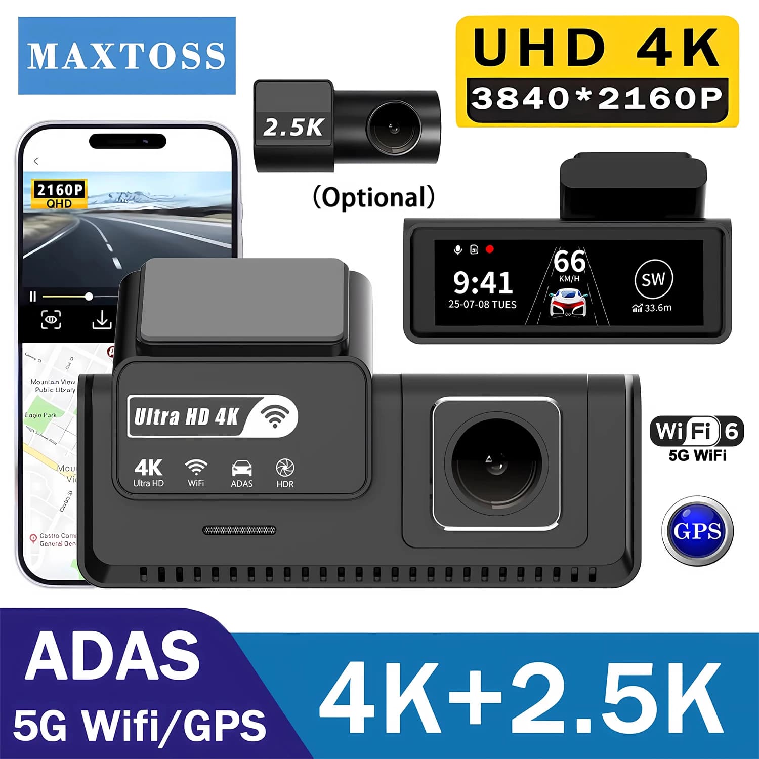 Dash Cam ADAS 4K+2.5K a Doppia Lente, Registrazione 2160P, Telecamera per Auto con WiFi e GPS Integrati, DVR Dashcam con Visione Notturna, Registratore Video, Monitoraggio Parcheggio 24H