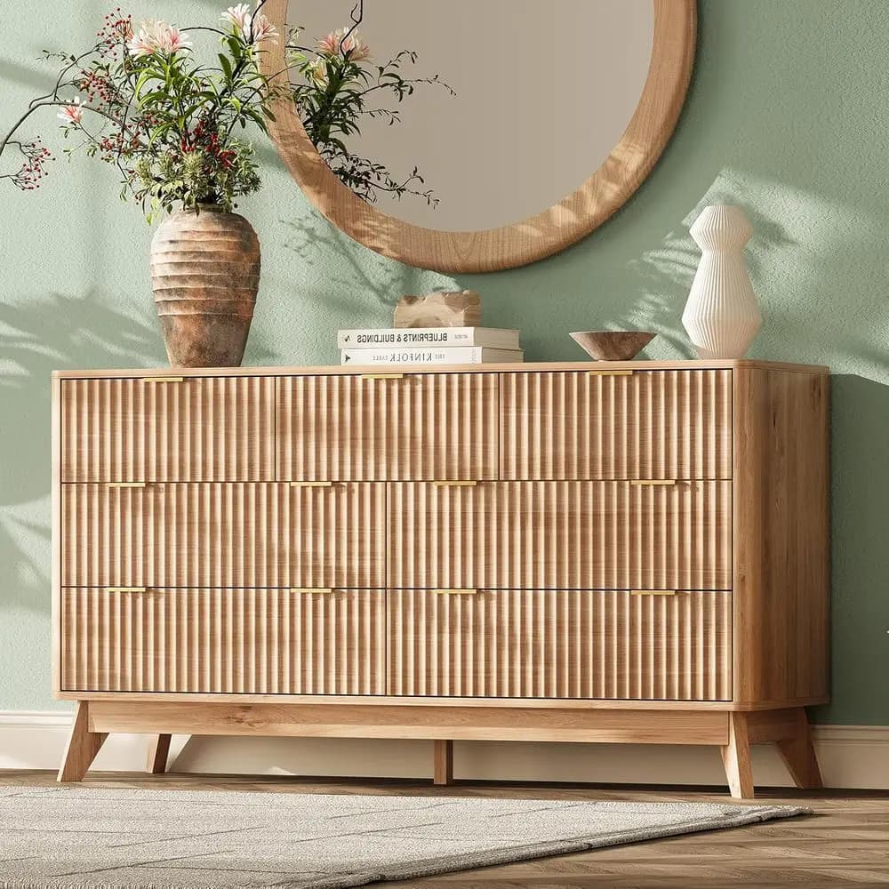 Cassettiera a 7 cassetti larga con maniglie arrotondate, ideale per soggiorno o corridoio, finitura in legno naturale