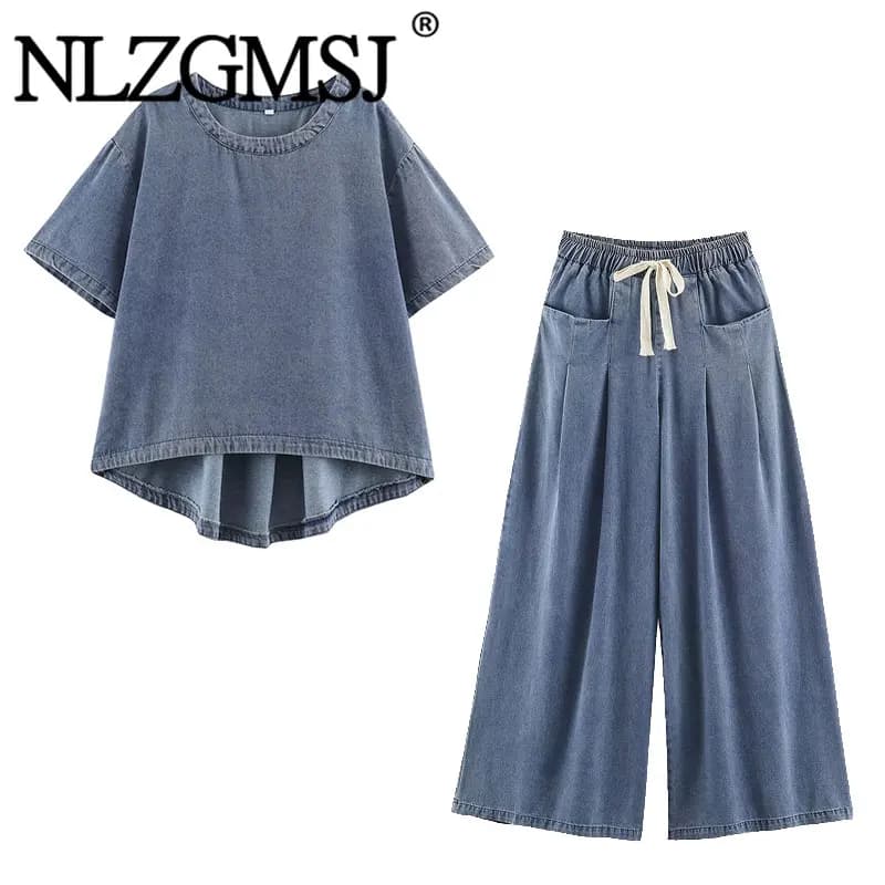 Nlzgmsj 2026 Summer Denim Two Piece Set Ladies Crewneck Irregular Hem Blouse Elastic Waist Loose Wide Leg Trousers Daily Suit