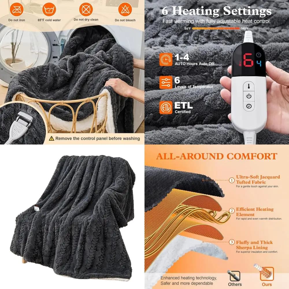 Coperta riscaldata elettrica Shaggy Sherpa 50x60 con 6 livelli di calore e spegnimento automatico di 4 ore, protezione dal surriscaldamento, grigio scuro