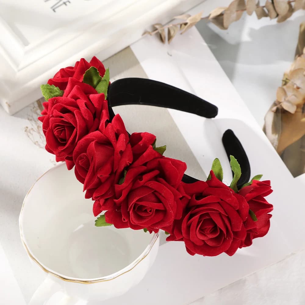 Haimeikang Simulazione Rosa Fascia per capelli per donna Romantico lunetta rossa Cerchietto per capelli Fasce per capelli Ragazze Accessori per capelli Fascia per capelli da sposa