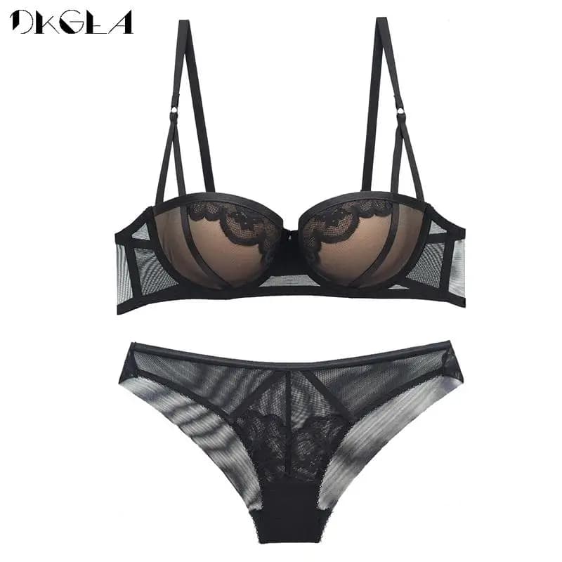 Set reggiseno Push Up fasciatura 1/2 reggiseno coppa moda Sexy nero spesso profondo V raccogliere biancheria intima Set donna Lingerie ricamo in pizzo