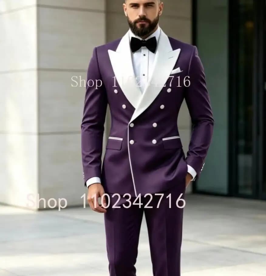 Smart Casual Men Suits 2-Piece Sets with White Lapel Double Breasted Wedding Groomsmen Formal Prom Party Male Suit Jacket Pants