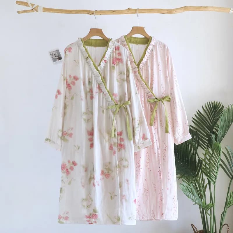 Accappatoio da Donna Primavera-Autunno, 100% Cotone Crepe, Vestaglia Femminile a Maniche Lunghe, Stile Giapponese per Casa