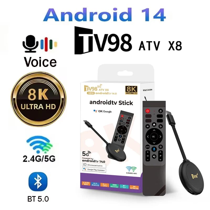 TV98 ATV X8 TV Stick Allwinner H313 quad-core 4G 5G Dual WiFi HD 8K 4K Android 14 BT5.0 Telecomando vocale streaming Smart iptv