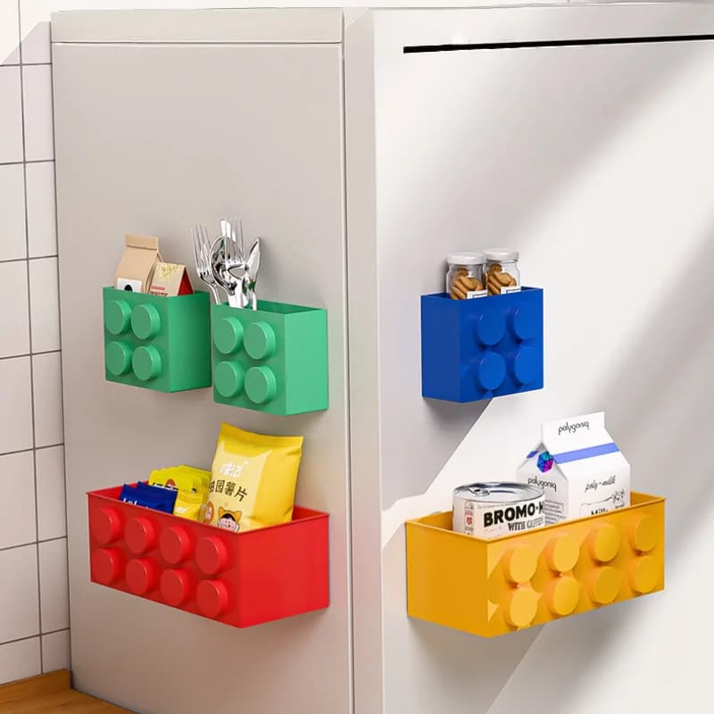 Rack di stoccaggio per frigorifero, blocchi di costruzione, scatola di immagazzinaggio magnetica per articoli vari montata a parete, portaoggetti laterale per frigorifero