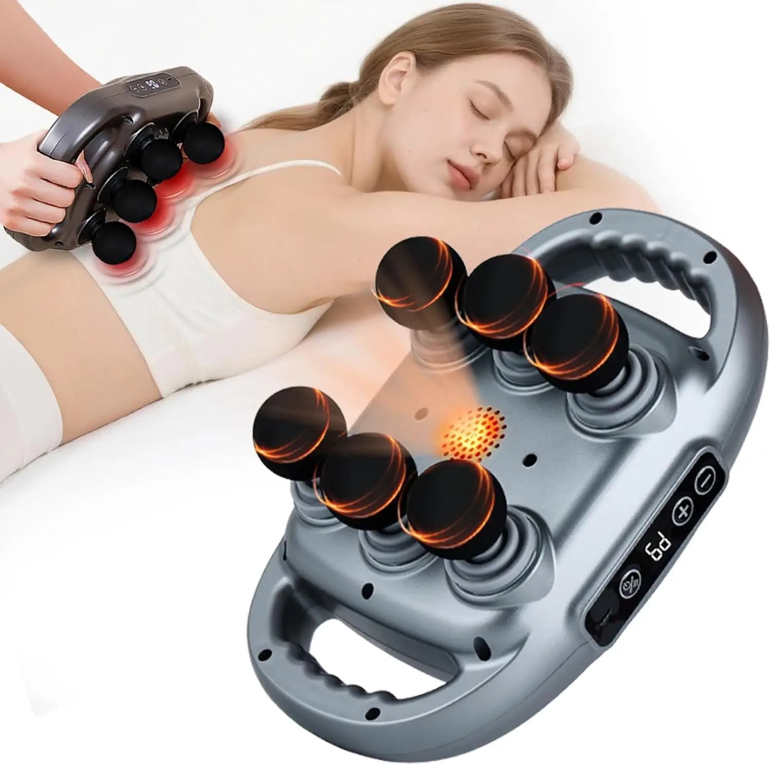 Massaggiatore a percussione a 6 testine per schiena e corpo, per alleviare il dolore, con 9 livelli e 9 modalità, strumento elettrico per gambe, braccia, vita, schiena, glutei - Sollievo dal dolore muscolare per tutto il corpo