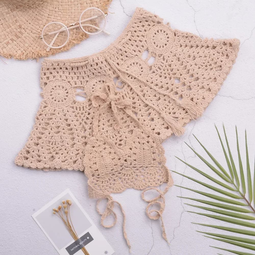 European and American Fashion Summer Style Girls Openwork Hand-woven Short Skirt Swimsuit Lace-up Bikini