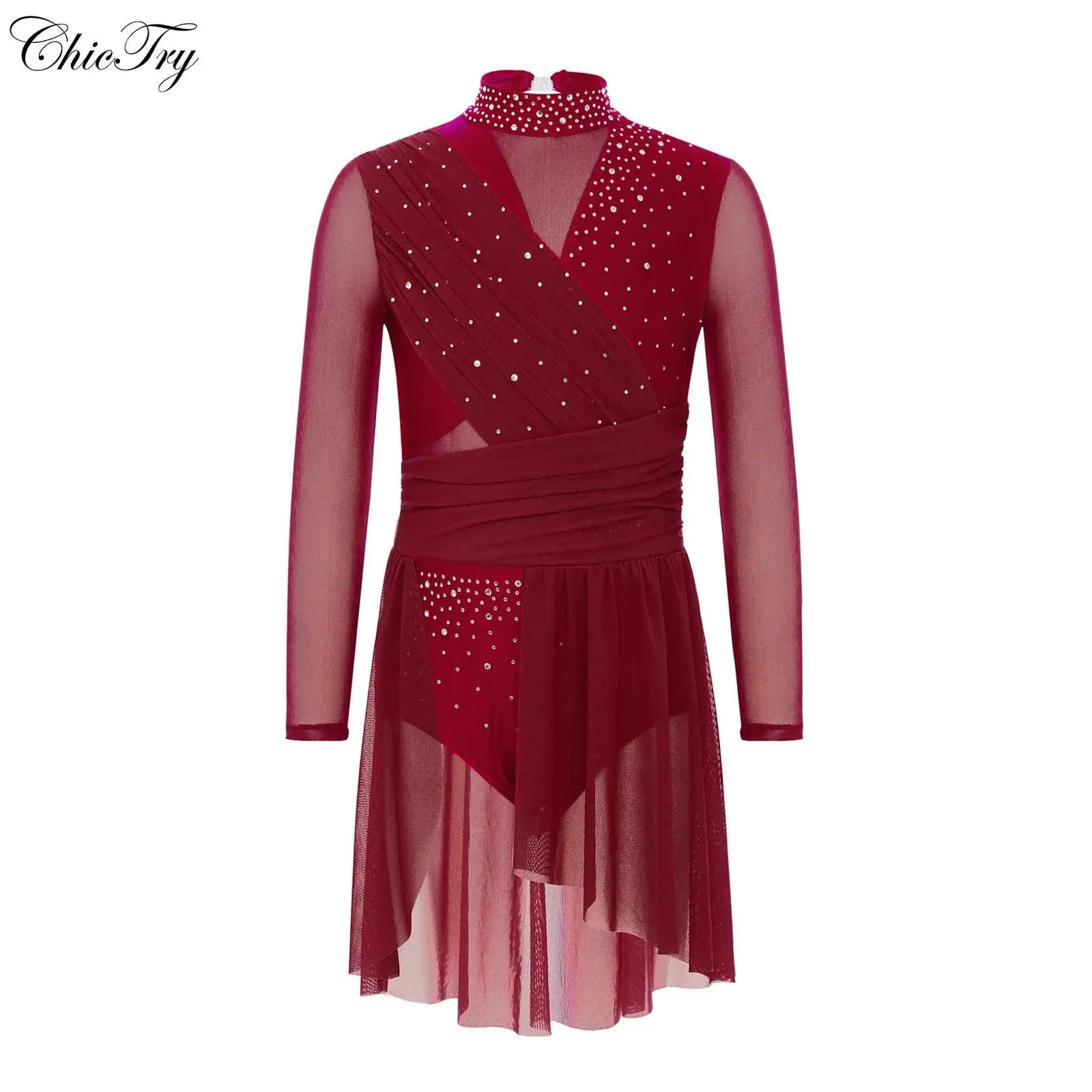 Costume di scena per ragazze, ginnastica, pattinaggio su ghiaccio, balletto, danza lirica, con spacco laterale, strass increspati in rete trasparente