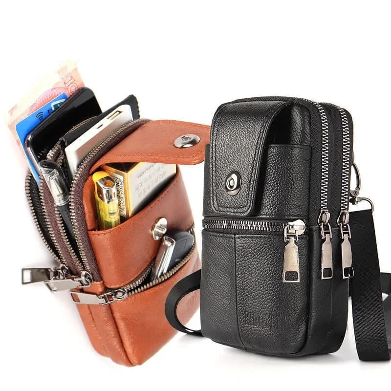 Men Travel Waist Bags Cell Phone Crossbody Purse Phone Holster Case Leather Belt Waist Packs Pouch Small Messenger Bag