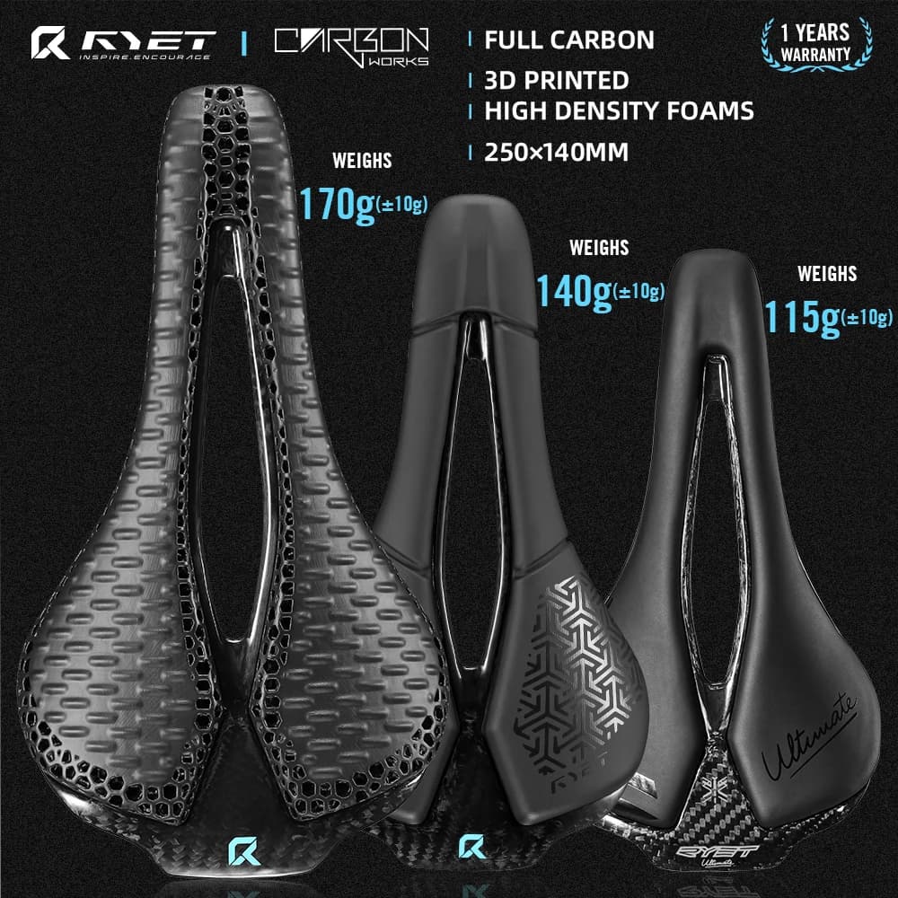 RYET Sella per bici stampata in 3D completamente in carbonio 250mm * 140MM 115g 7*9mm Sedile per bicicletta super leggero MTB Ghia Sella da strada Parti della bici