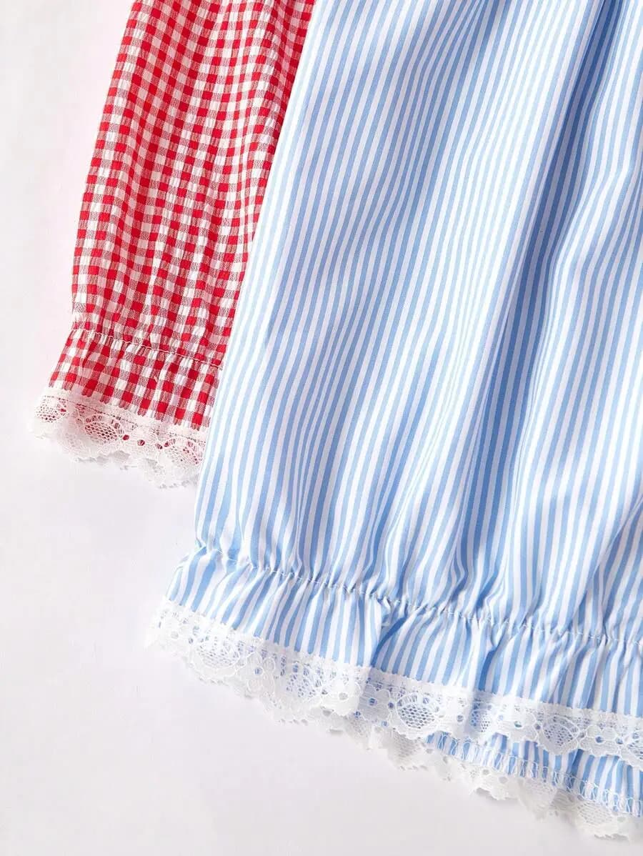 Set da 2 pezzi di top da notte con finiture in pizzo a quadri rossi e a righe blu per donna