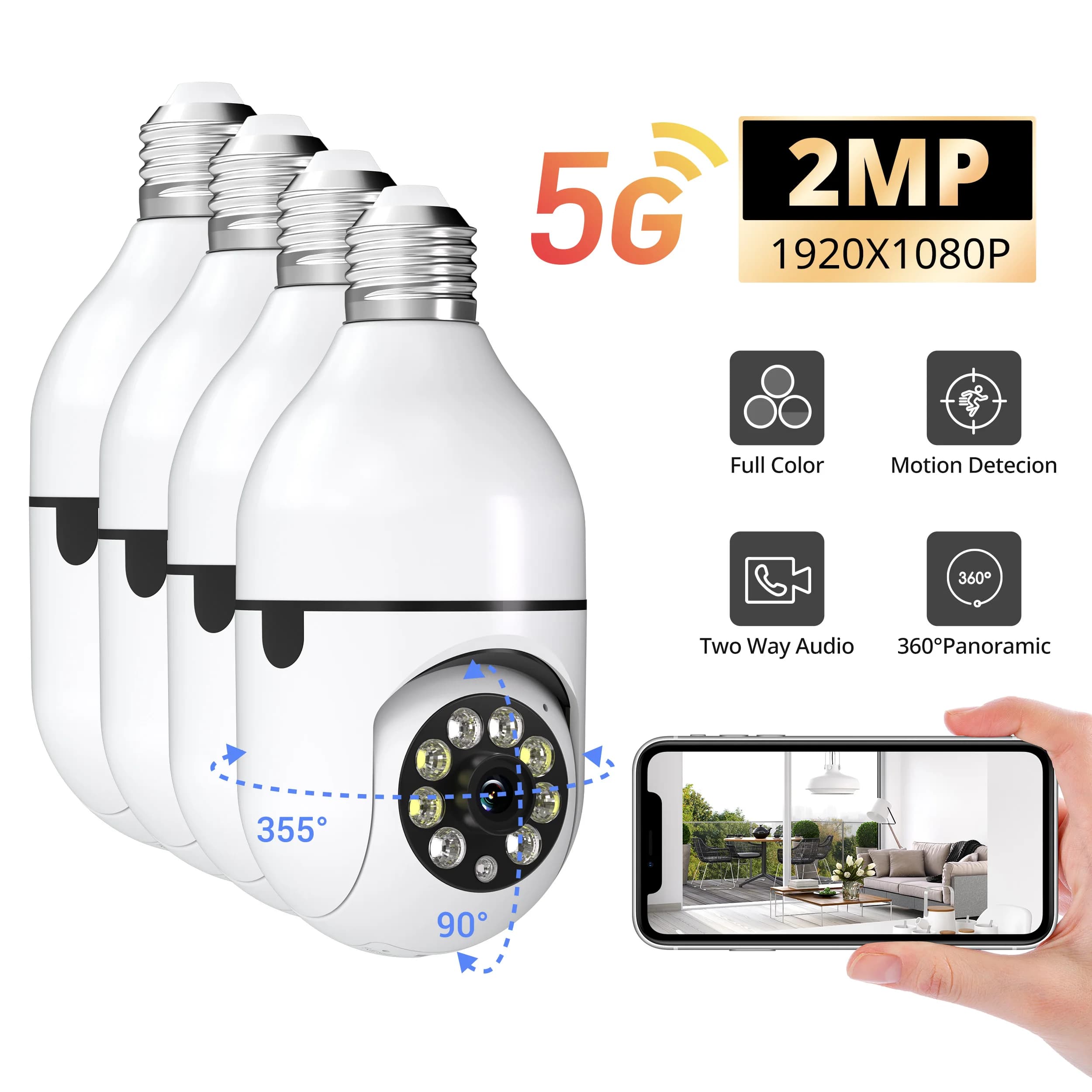 4Pcs Ease Life App 5GHz Upgraded Version 1080P Light Bulb Security Camera Color Night Vision Motion Detection D115-2PC