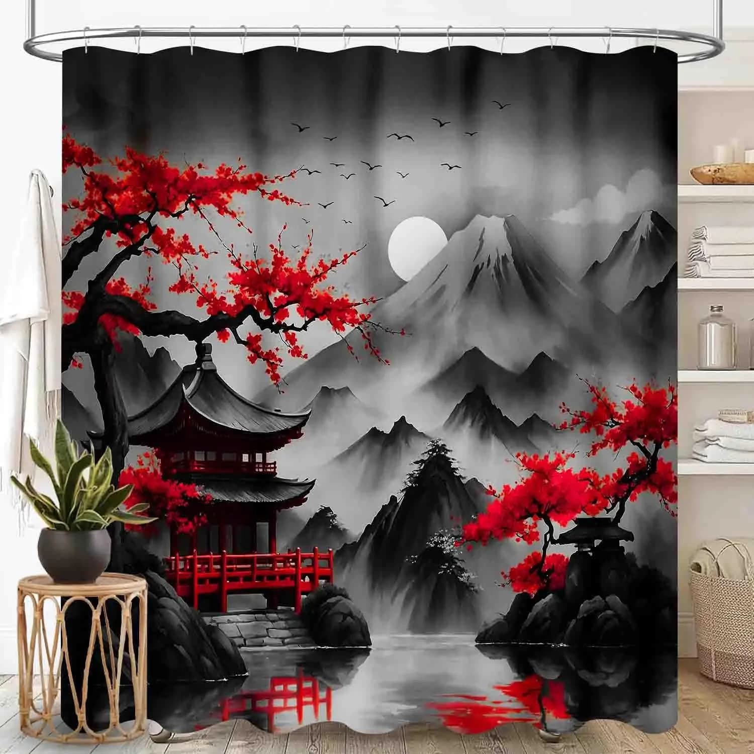 Decorative Waterproof Bathroom Shower Curtain Asian Landscape Japanese Sakura Blossoms Mount Fuji Chinese Temple Decor Polyester