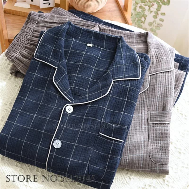 Men's 2Pcs Pajamas Set Loungewear Spring Autumn Cotton Sleepwear Long Sleeve Trouser Pijamas Suit Loose Plaid Homewear Pyjama