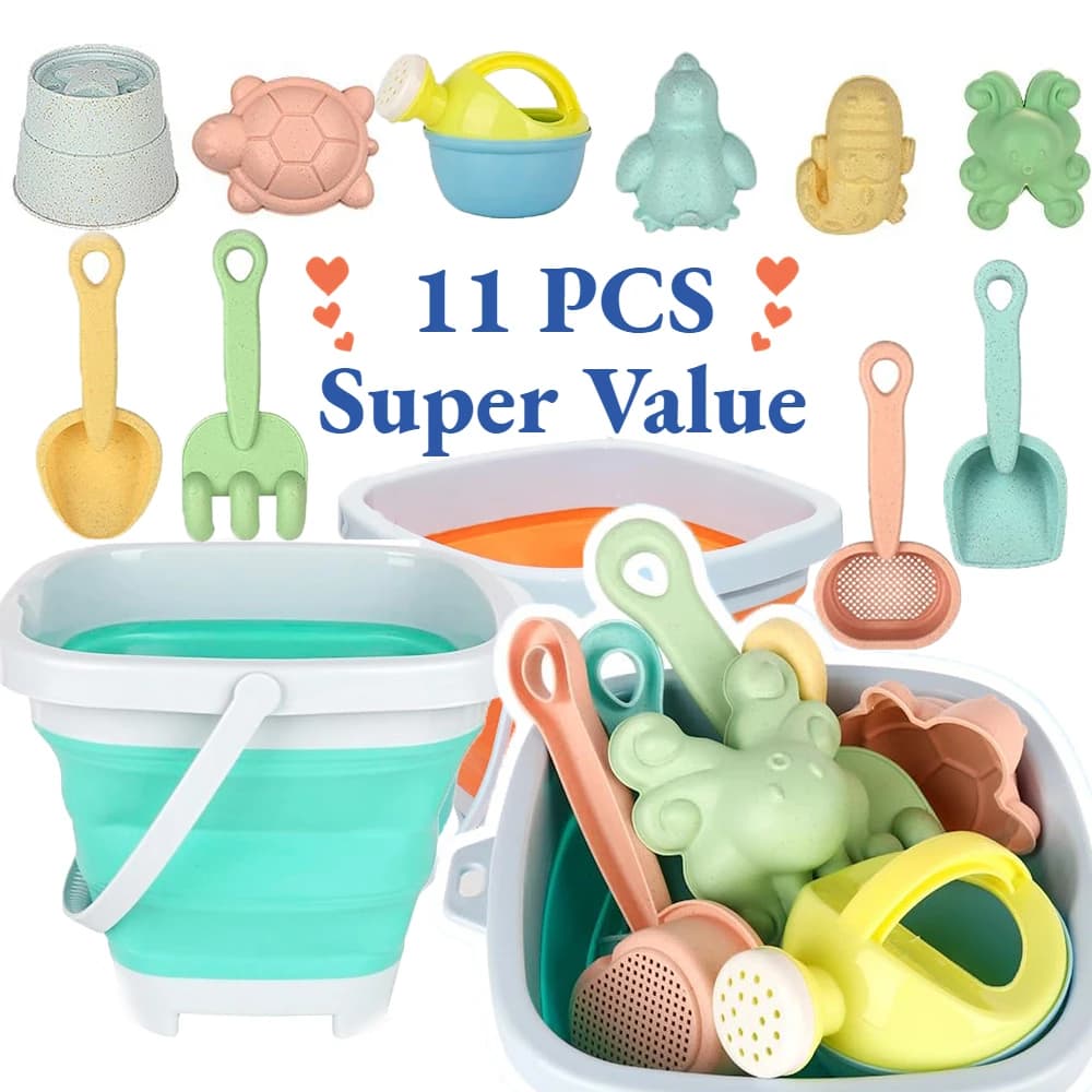 11 pezzi di giocattoli da spiaggia set confezione regalo giocattoli di sabbia per bambini giocattoli sandbox con secchio pieghevole pala set stampi per sabbia estate all'aperto