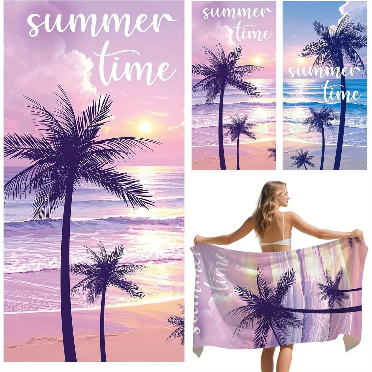 Asciugamano da Spiaggia Estivo con Palme in Rosa Pastello e Viola, 1 Pezzo, in Microfibra Leggera ad Asciugatura Rapida, Morbido, per Vacanze al Mare, Nuoto, Viaggi, Regalo