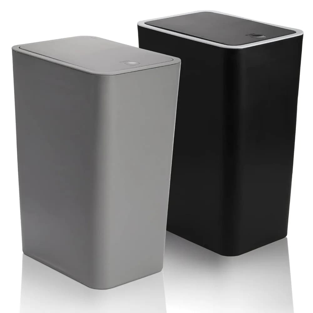 Set di 2 Pattumiere in Plastica da 15 Litri con Coperchi a Pressione per Cucina, Bagno, Ufficio e Spazi Ristretti, Grigio e Nero