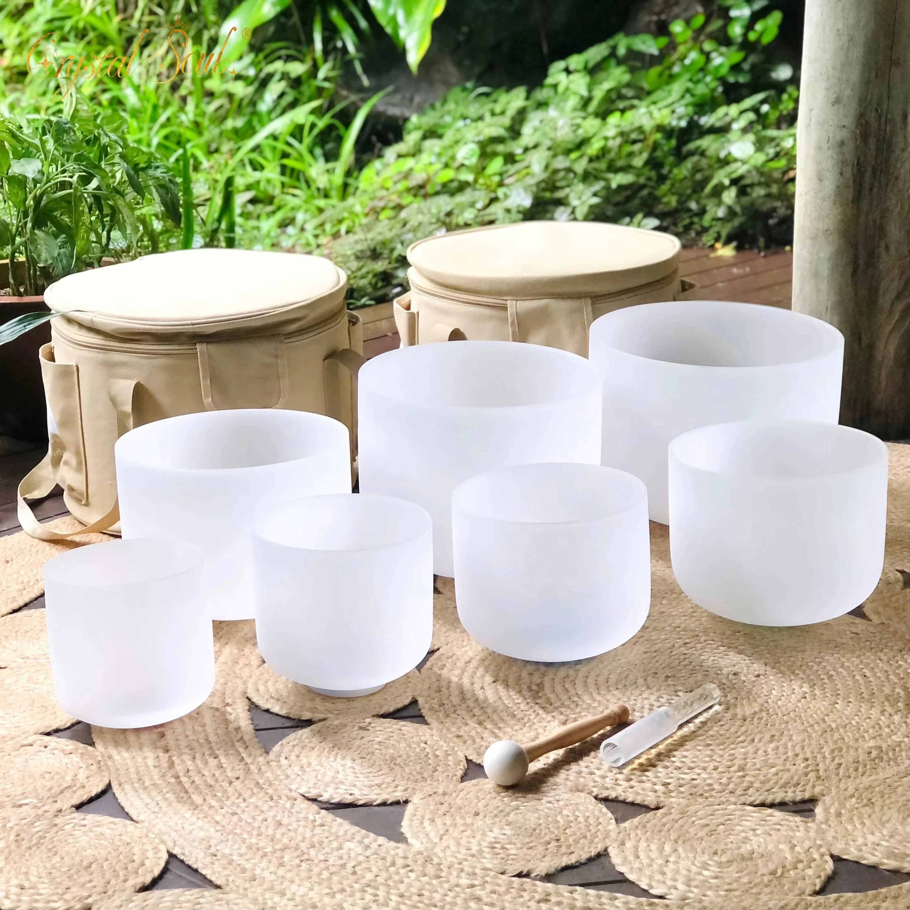 NEW2026432Hz 7-13 Inch White Frosted Crystal Singing Bowl Set 7 Pcs With Bag And Accessories tigela de cristal quartzo