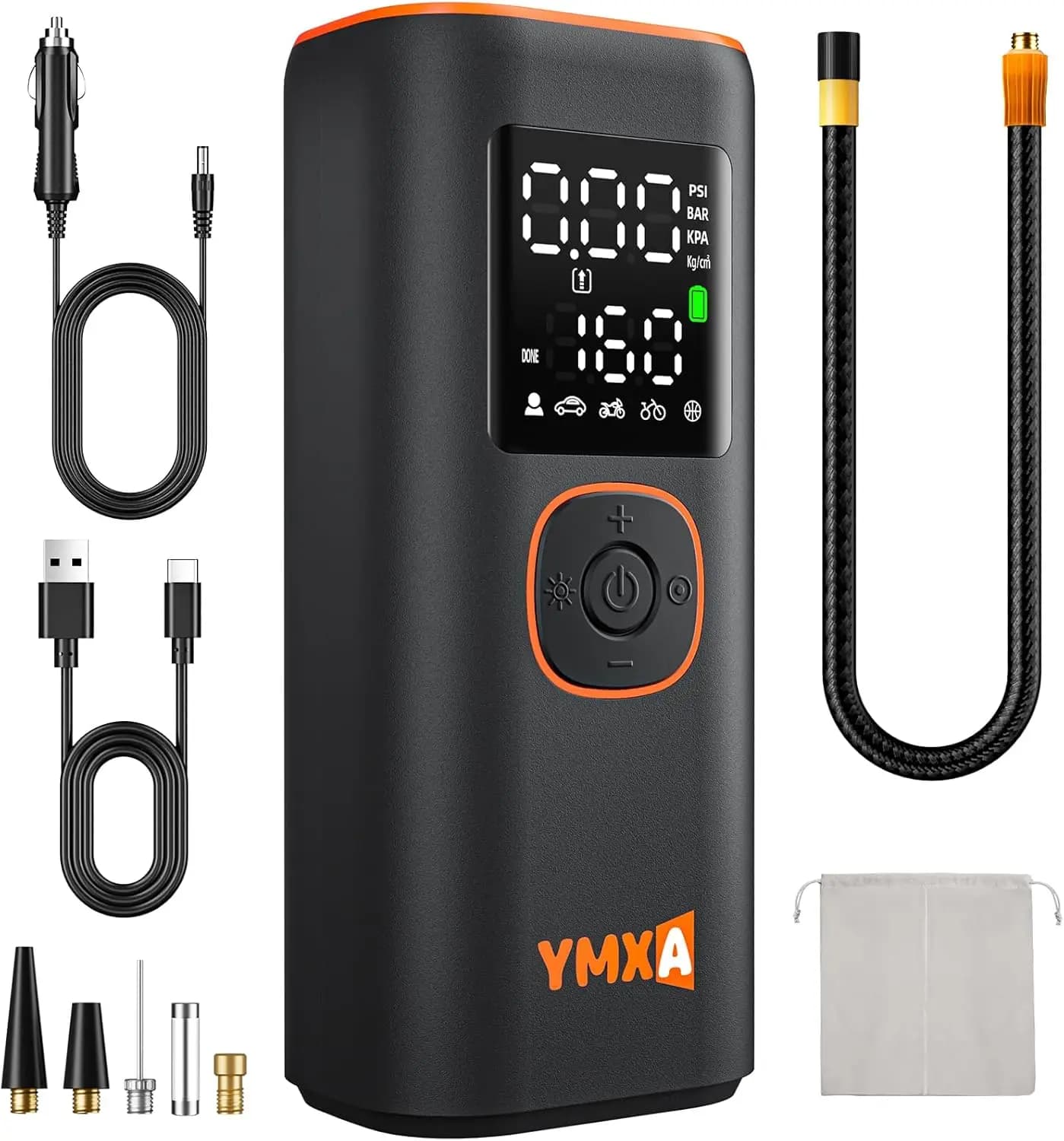 Gonfiatore portatile per pneumatici da 12 V, pompa d'aria da 160 PSI con doppio schermo digitale, gonfiaggio rapido per auto, camion, moto e bici
