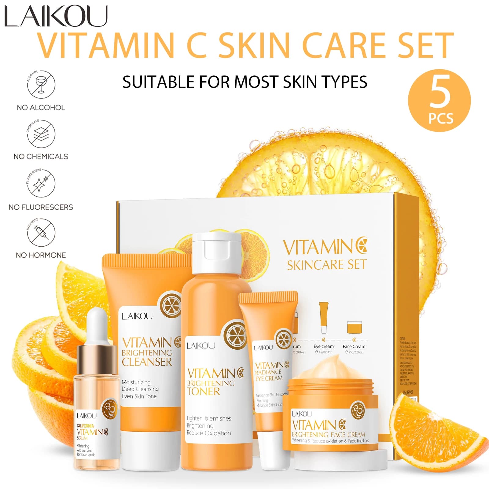LAIKOU Nuovo Set di Cura della Pelle alla Vitamina C 5 Pezzi: Detergente Viso Profondo, Crema Viso Idratante, Tonico, Siero Occhi, Confezione Regalo
